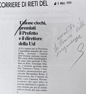 Scopri di più sull'articolo Unione ciechi, premiati il Prefetto e il direttore della Usl (Corriere di Rieti)