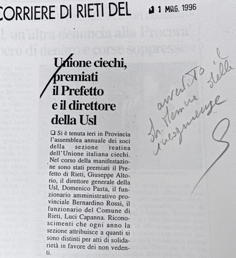 Scopri di più sull'articolo Unione ciechi, premiati il Prefetto e il direttore della Usl (Corriere di Rieti)