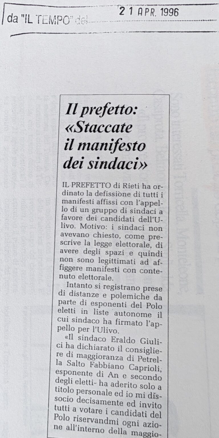 Scopri di più sull'articolo Il prefetto: «Staccate il manifesto dei sindaci» (Il Tempo)