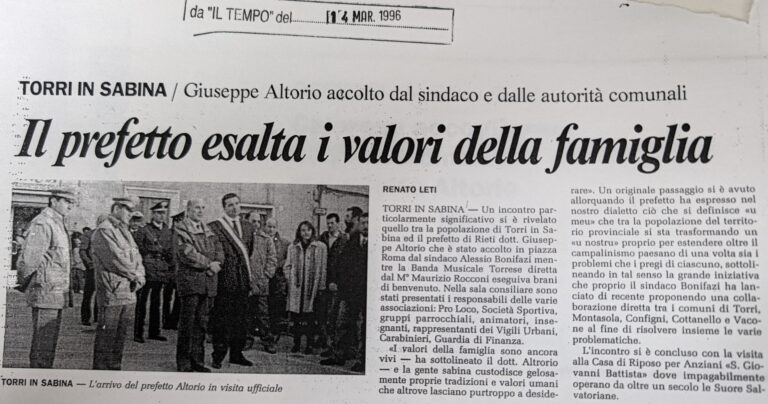Scopri di più sull'articolo Il prefetto esalta i valori della famiglia (Il Tempo)
