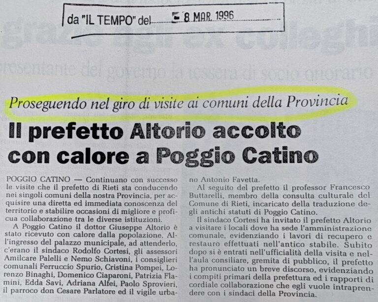 Scopri di più sull'articolo Il prefetto Altorio accolto con calore a Poggio Catino (Il Tempo)