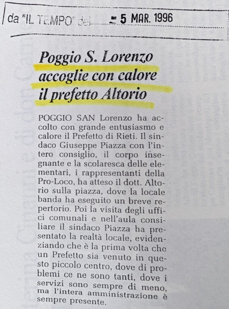 Scopri di più sull'articolo Poggio S. Lorenzo accoglie con calore il prefetto Altorio (Il Tempo)