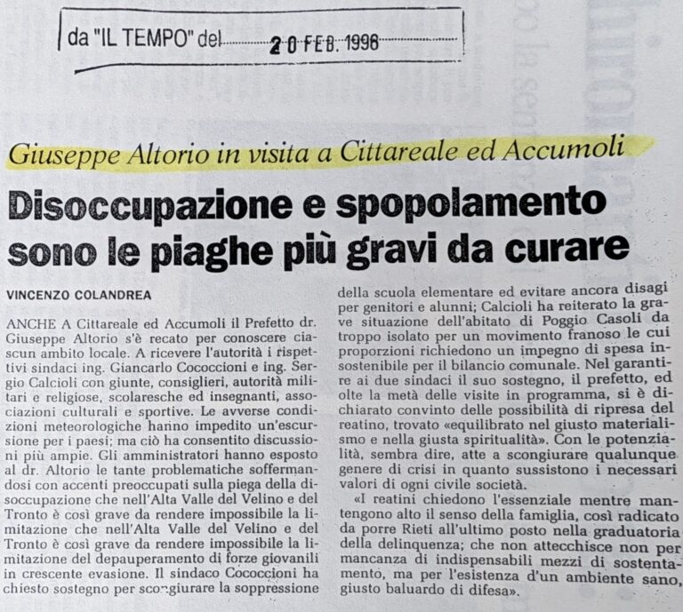 Scopri di più sull'articolo Disoccupazione e spopolamento sono le piaghe più gravi da curare (Il Tempo)