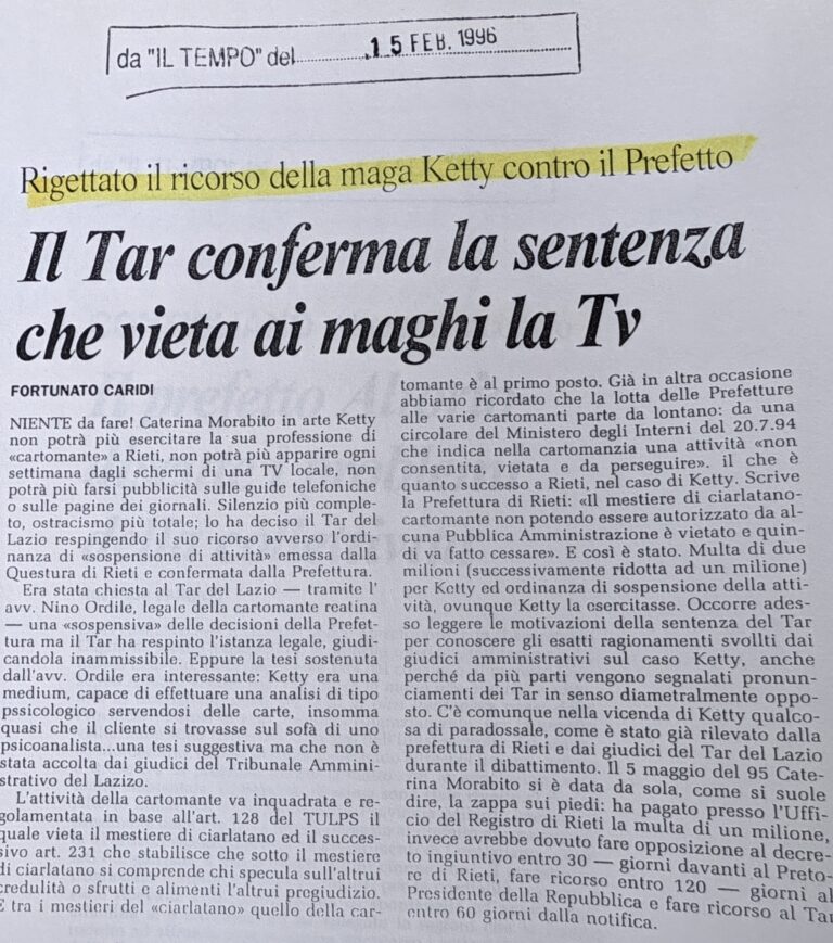 Scopri di più sull'articolo Il Tar conferma la sentenza che vieta ai maghi la Tv (Il Tempo)