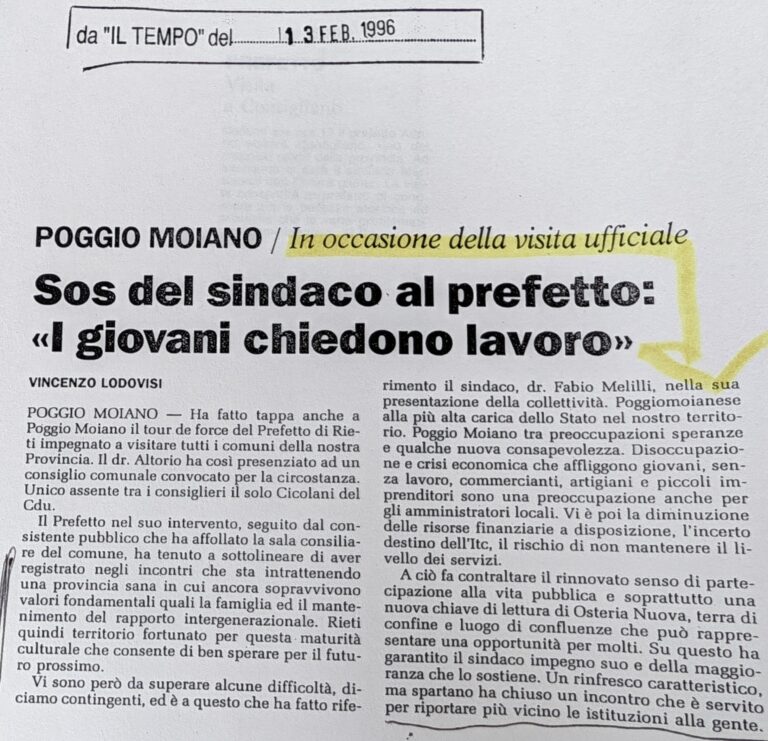 Scopri di più sull'articolo Sos del sindaco al prefetto: «I giovani chiedono lavoro» (Il Tempo)