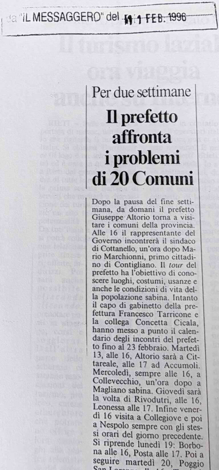 Scopri di più sull'articolo Il prefetto affronta i problemi di 20 Comuni (Il Messaggero)