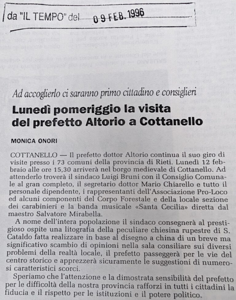 Scopri di più sull'articolo Lunedì pomeriggio la visita del prefetto Altorio a Cottanello (Il Tempo)