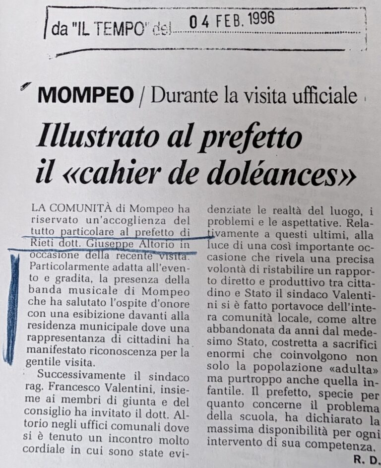 Scopri di più sull'articolo Illustrato al prefetto il «cahier de doléances» (Il Tempo)