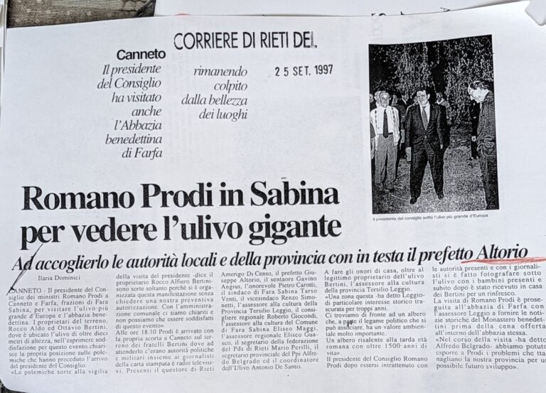 Scopri di più sull'articolo Romano Prodi in Sabina per vedere l’ulivo gigante (Corriere di Rieti)