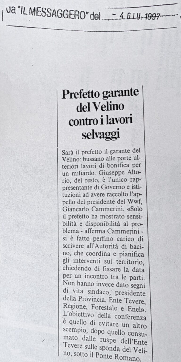 Scopri di più sull'articolo Prefetto garante del Velino contro i lavori selvaggi (Il Messaggero)