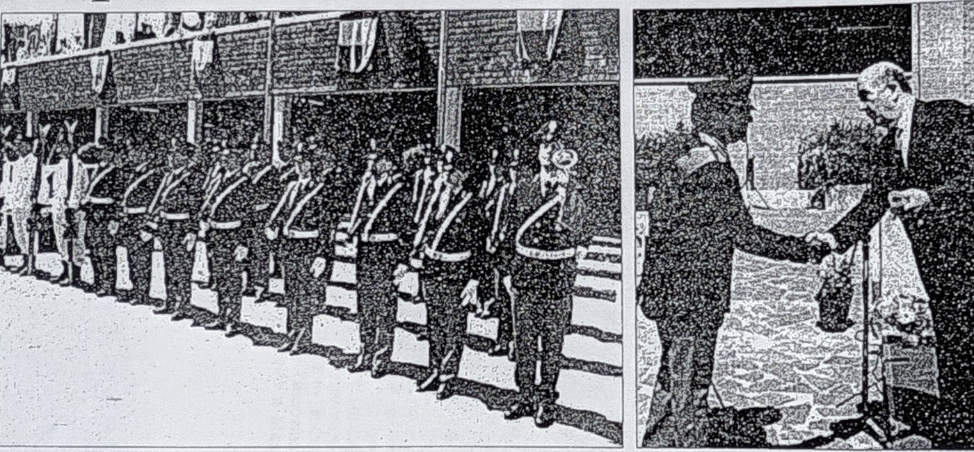I reparti della Polizia schierati e a destra il Prefetto Giuseppe Altorio mentre consegna un attestato di benemerenza (in alto a destra: Il Questore Americo Di Censo)