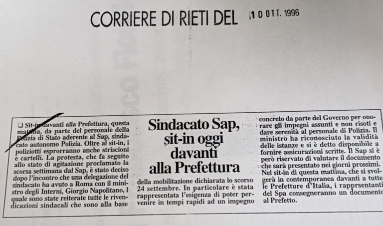 Scopri di più sull'articolo Sindacato Sap, sit-in oggi davanti alla Prefettura (Corriere di Rieti)