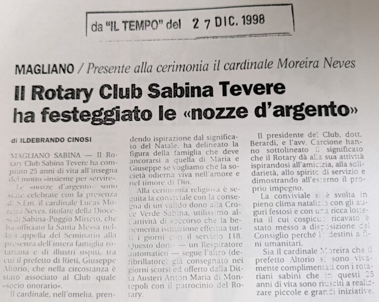 Scopri di più sull'articolo Il Rotary Club Sabina Tevere ha festeggiato le «nozze d’argento» (Il Tempo)
